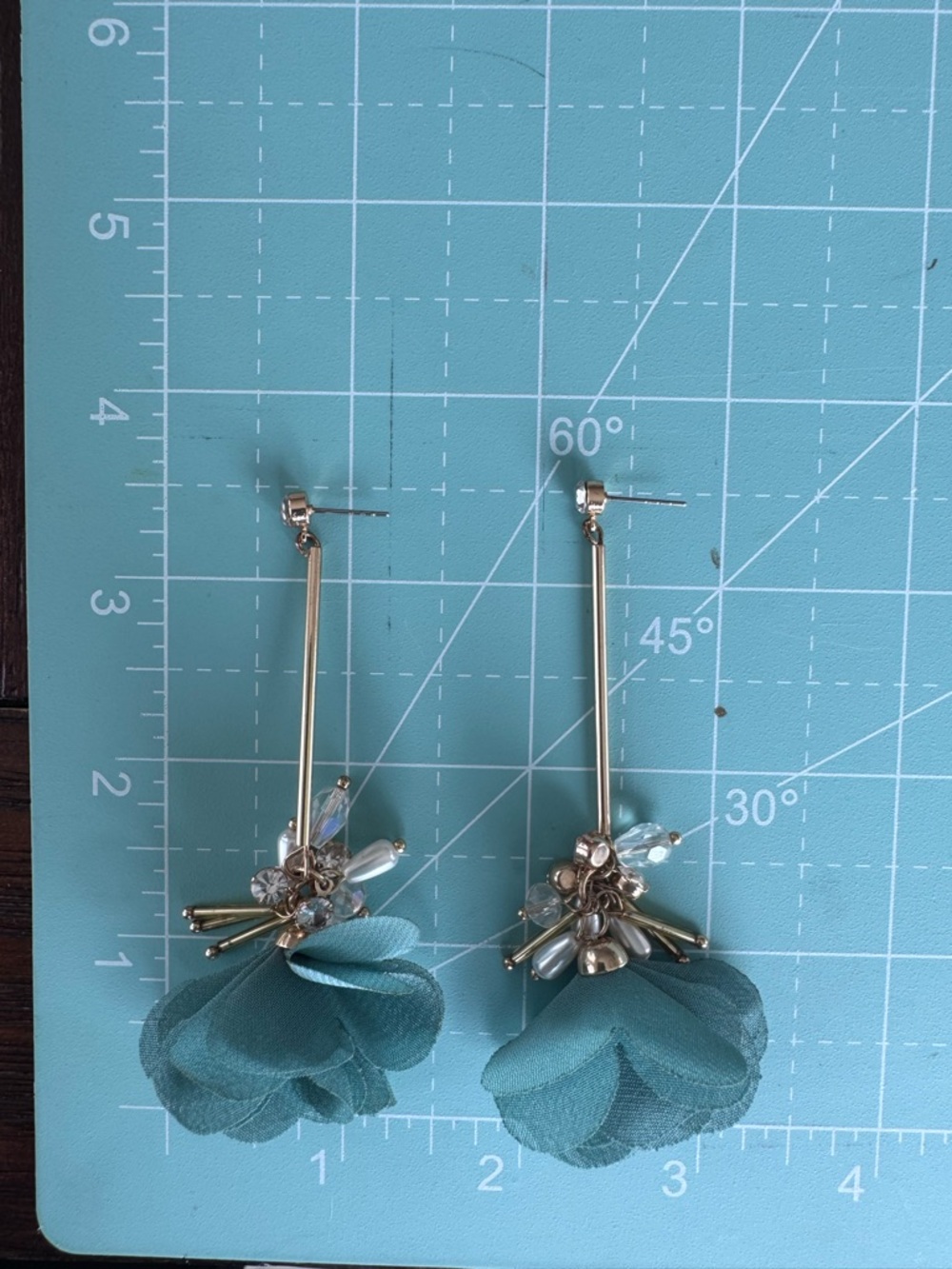 Drop Earrings with Teal Fabric Petals and beading - Picture 8 of 9